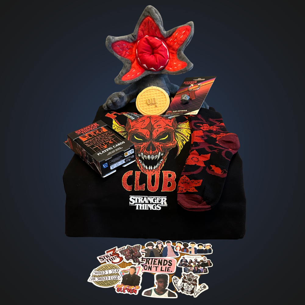 OctoCrate – Upside Down Crate contents: plush, tee, socks, stickers, waffle keyring, cards